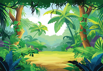 A vibrant cartoon illustration of a tropical forest with lush green palm trees under a clear blue sky with fluffy white clouds, showcasing the beauty of nature and natural landscape