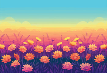 A field of colorful flowers under a vibrant sunset sky, with happy people enjoying the natural landscape. Petals, grass, and clouds create a picturesque horizon