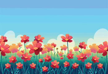 A beautiful field of red flowers set against a clear blue sky, creating a stunning natural landscape with vibrant petals, green grass, and a vast horizon