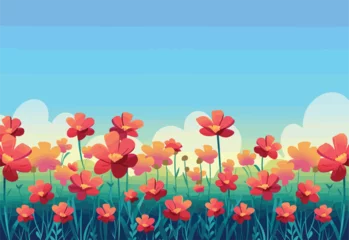 Fotobehang A beautiful field of red flowers set against a clear blue sky, creating a stunning natural landscape with vibrant petals, green grass, and a vast horizon © J.V.G. Ransika