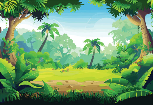 A vibrant cartoon illustration depicting a lush tropical forest filled with palm trees under a clear blue sky, showcasing the beauty of nature and terrestrial plants in a natural landscape