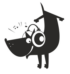 Cartoon dog, headphones. 
Cartoon dog with headphones listens to music. Original black and white illustration
