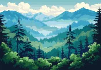 Fotobehang A natural landscape painting depicting a forest with mountains in the background, under a sky filled with clouds. The scene showcases the beauty of trees, plants, and hills in a tranquil setting © J.V.G. Ransika
