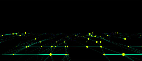 Abstract grid with green light on black background. Science background with moving dots and lines. Network connection technology. Digital structure with particles. Vector illustration.