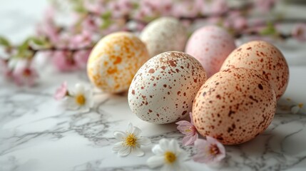 Naklejka na ściany i meble Easter background. Beautiful composition of colorful eggs and spring flowers on a delicate background. Spring holidays concept with copy space.