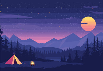 The natural landscape features a tent and a campfire in the foreground, with mountains in the background. The atmosphere is illuminated by the dusk light, creating a serene atmosphere