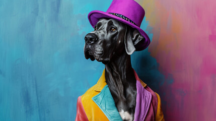 Great Dane wearing a vibrant clothes and hat stands