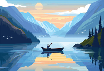 A man is peacefully rowing a boat on a serene lake surrounded by majestic mountains, under a clear sky with stunning natural landscapes - obrazy, fototapety, plakaty