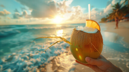 coconut drink with tropical beach background.
