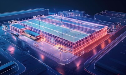 Schematic virtual added reality pink and navy warehouse ditribution logistic delivery centre  digital overlay from drone photo at night