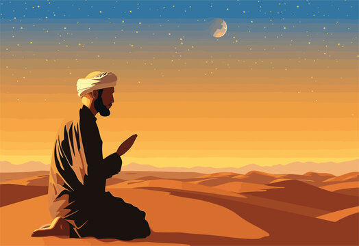 A man is kneeling down in the desert under the sky, reading a book. His gesture shows appreciation for nature as the moon rises on the horizon in the ecoregion landscape