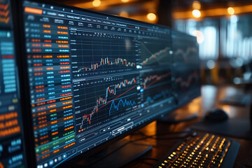 Obraz premium Office background. Computer monitor with data analysis on it. Selective focus. Copy space