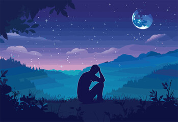 A figure sits on a hill under the full moon, surrounded by the electric blue sky. The natural landscape is illuminated by the moonlight, creating a serene atmosphere
