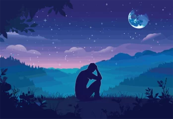 Papier Peint photo Bleu foncé A figure sits on a hill under the full moon, surrounded by the electric blue sky. The natural landscape is illuminated by the moonlight, creating a serene atmosphere