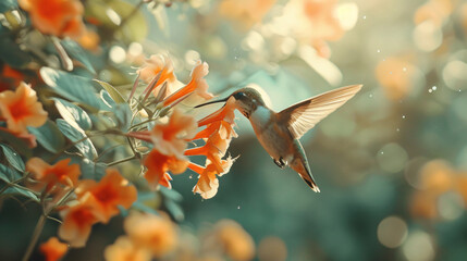 Hummingbird flying to pick up nectar from a beautif - obrazy, fototapety, plakaty