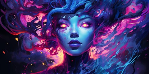 Electric hues of neon purple and turquoise collide in a vibrant explosion of color, infusing the illustration with a sense of dynamism and vitality that captivates the viewer's gaze.