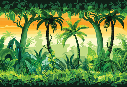 A vibrant cartoon illustration of a lush tropical forest with tall palm trees, green vegetation, and grass. The natural landscape is filled with a variety of terrestrial plants and organisms