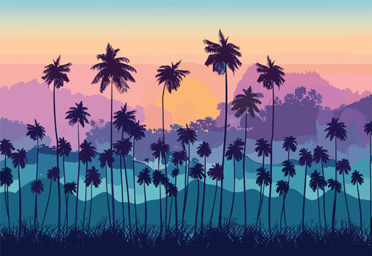 A picturesque sunset with palm trees in the foreground, set against a backdrop of majestic mountains. The sky is painted with vibrant hues and fluffy clouds, creating a serene natural landscape