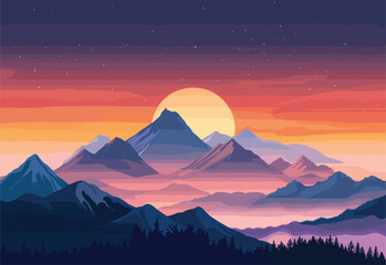 The painting captures the stunning sunset over the mountain range, with vibrant colors illuminating the sky and creating a breathtaking natural landscape