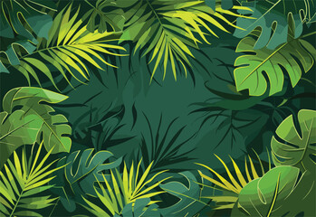 Fototapeta na wymiar A cluster of vibrant green tropical leaves intertwine with each other on a dark background, showcasing the beauty of terrestrial plant botany and vegetation