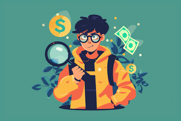 Flat design of teenager holding glass magnifying glass, money, modern characters. Decorated with organic shapes and dots. Icon style. Vector