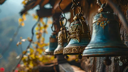 Fotobehang Manaslu Exploring Temple Bells and Flags,The church bell, hanging high in the bell tower, tolling to call worshipers to service. Generative Ai.