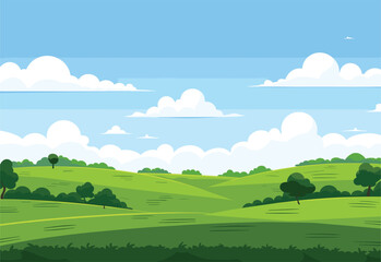 A whimsical cartoon illustration of a sprawling green field with trees, fluffy clouds in the sky, and a serene natural landscape - obrazy, fototapety, plakaty