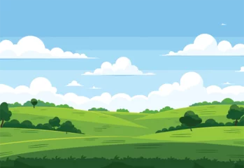 Fotobehang A whimsical cartoon illustration of a sprawling green field with trees, fluffy clouds in the sky, and a serene natural landscape © J.V.G. Ransika