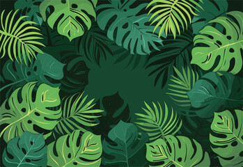 Fototapeta na wymiar Various types of tropical leaves are showcased against a dark backdrop, highlighting the green hues of vegetation in their natural environment