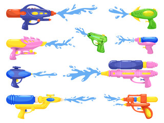 Toy water weapons. Plastic pistols and gun with shooting jets of liquid, kids color game equipment, thai songkran festival symbol, watergun for kids cartoon flat style isolated vector set
