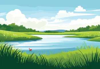 Fototapete Rund A cartoon illustration of a river flowing through a natural landscape with grass, trees and a cloudy sky. The watercourse is surrounded by highlands and leads to a lake © J.V.G. Ransika