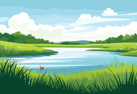 A cartoon illustration of a river flowing through a natural landscape with grass, trees and a cloudy sky. The watercourse is surrounded by highlands and leads to a lake