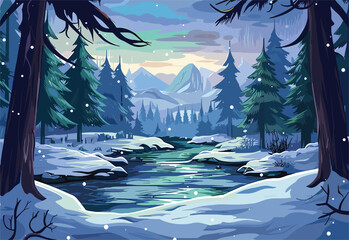 A freezing river flows through a snowy forest with mountains in the background, creating a beautiful natural landscape