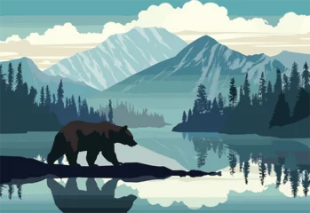 Foto op Canvas A bear is perched on a boulder in the middle of a lake surrounded by towering mountains in the backdrop, creating a stunning natural landscape © J.V.G. Ransika
