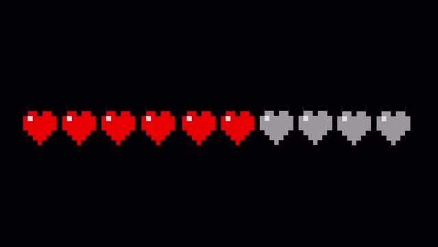 Animation of a Pixel Game Life Bar on a Transparent Background. Pixel Art 8-bit Health Heart Bar. Game Over Concept. 4K Animation with Alpha Channel.