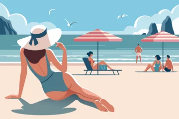 Foto op Canvas Vacation time. Woman on the beach in a swimsuit and a hat close-up and people sunbathing on the background of the shore. Vector illustration in minimalist style. © faber14