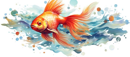 Illustration of a cute watercolor puffer goldfish with big eyes in bright colors on a white background