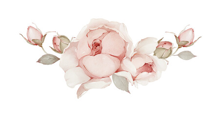 Watercolor illustration with a delicate bouquet of roses for wedding cards and invitations - 750569981