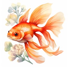 Illustration of a cute watercolor puffer goldfish with big eyes in bright colors on a white background