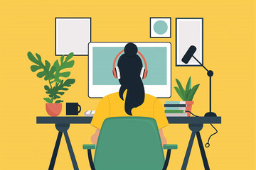 Back view of female schoolgirl wearing headphones, table, monitor, modern character design. Flat design style vector graphics
