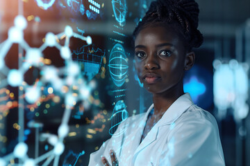 Young black woman in the lab Innovative concept of medical technology, global communication network - obrazy, fototapety, plakaty