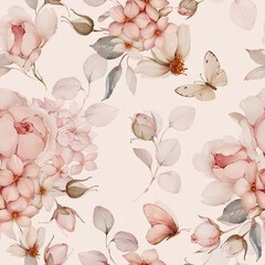 Seamless pattern with bouquets of flowers and butterflies. Spring roses in watercolor style - 750570185