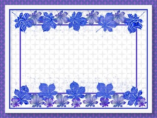 Karta z miejscem na tekst, życzenia, z dekoracyjnym motywem liści kasztanowca w kolorach fioletowym, niebieskim na białym tle