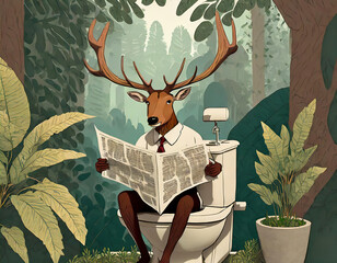 anthropomorphic  Deer in suit reading a newspaper sitting in the toilet in jungle, 3d cartoon illustration