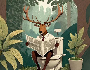 Fotobehang anthropomorphic  Deer in suit reading a newspaper sitting in the toilet in jungle, 3d cartoon illustration © Arda ALTAY
