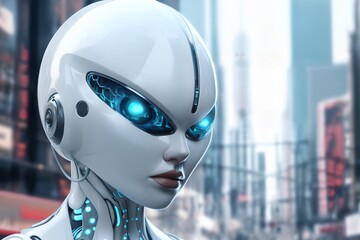 gynoid, a humanoid female android hybrid robot with a female face in a plastic helmet on the background of a futuristic city street, robotics concept - obrazy, fototapety, plakaty