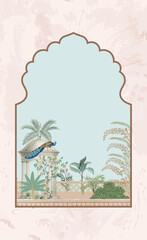 Mughal decorative ethnic garden motif with peacock illustration frame for invitation