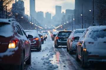 snow covered road in a winter city, traffic jam, concept of traffic safety on a slippery road