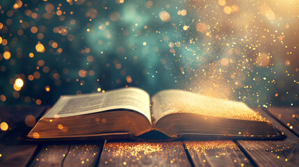 Magical image of open antique book over wooden table