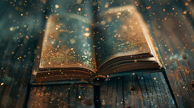 Magical image of open antique book over wooden table